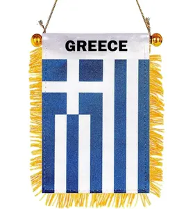 2 Pack-Greece Fringy Window Hanging Flag - Small Mini Greek Flag Banner for Car Rearview Mirror Décor - Fringed -Greek Hanging Flag with Suction Cup & Fringy-4x6 ''