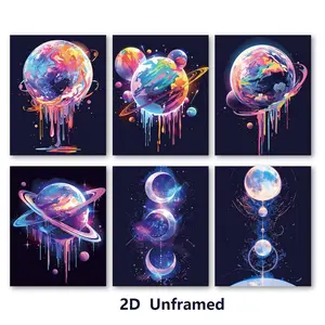 Set of 6, Watercolor Planet Posters, Colorful Cosmic Wall Art, Black-Background Space Posters, Perfect for the Living Room, An Elegant Gift for Space Enthusiasts, Frameless 2D Canvas Prints