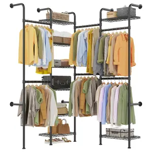 L4 Wall Mounted Pipe Closet System, Carbon Steel Wall-Mount Clothes Rack for Closet Storage, Expandable Rods 23.62"-35.43", 8 Wire Shelves