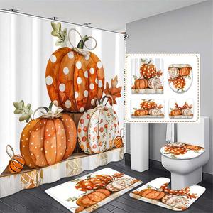 autumn pumpkin sunflower leaf pattern digital print waterproof shower curtain set, includes bath mat toilet lid cover u-shaped pad, modern home decor gift