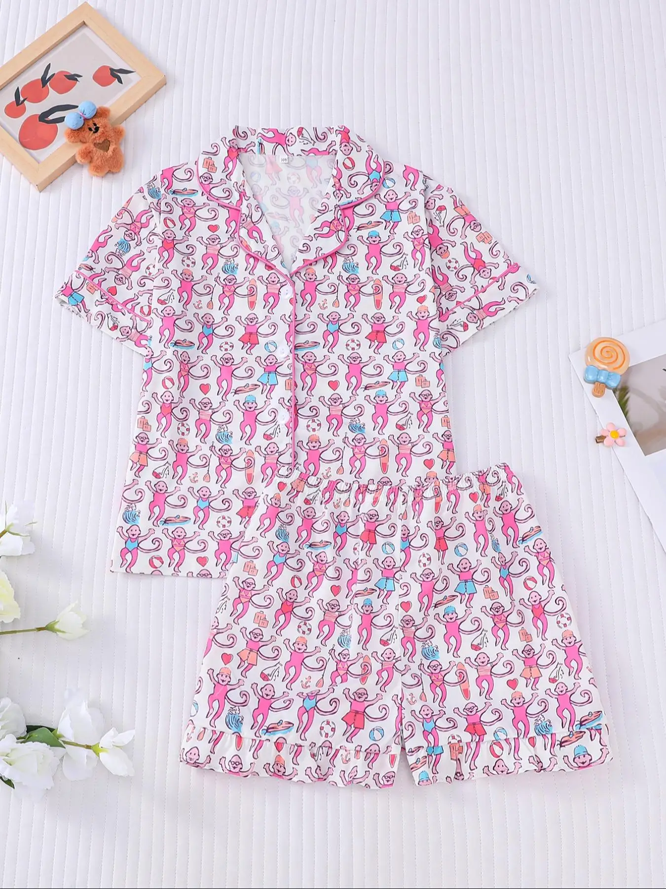 Girl's All Over Print Lapel Shirt & Elastic Waist Shorts Pyjama Two-piece Set, Casual Comfy Short Sleeve Top & Shorts PJ Set, Kids Sleepwear for Summe