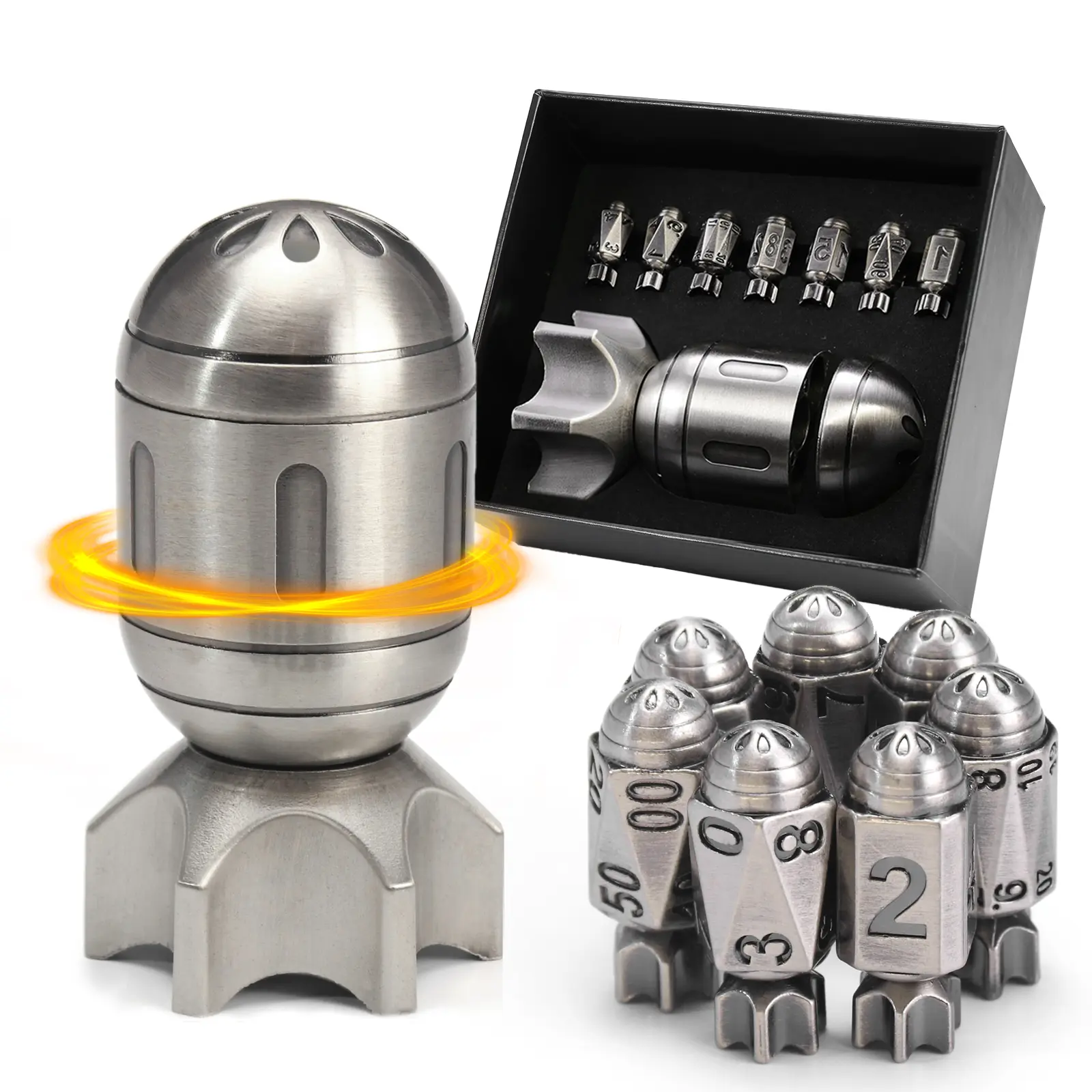 DND Metal Dice Set with Spinning Missile Container, Cool Bullet Dice Polyhedral Dice for Dungeons and Dragons, RPGs DND Gifts