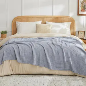 Cotton Muslin King Blanket Bed Layering Breathable Gauze Blanket Soft Lightweight Blankets Adults (Dusty Blue, 108"x90")