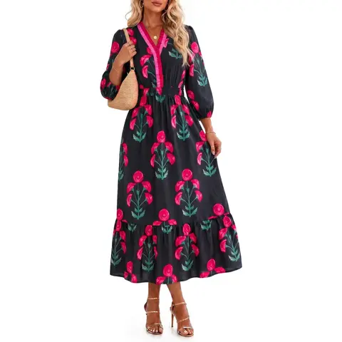 Wenrine Women's Bohemian Elegant Retro Casual Shirt Dress, 3/4 Sleeve, Ruffle V-Neck, Loose Flowy Midi Style with Pockets, Beach-Friendly