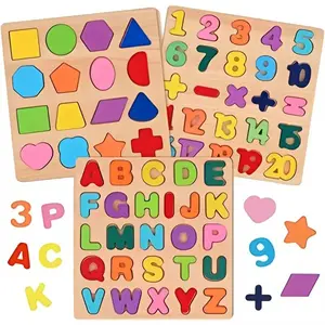 Wooden jigsaw puzzle toys for boys and girls, set of 3 Pcs  alphabet puzzles ABC shape number puzzles, kids learning toys, kids gift toys for girls boys, Christmas Valentine's Day Easter