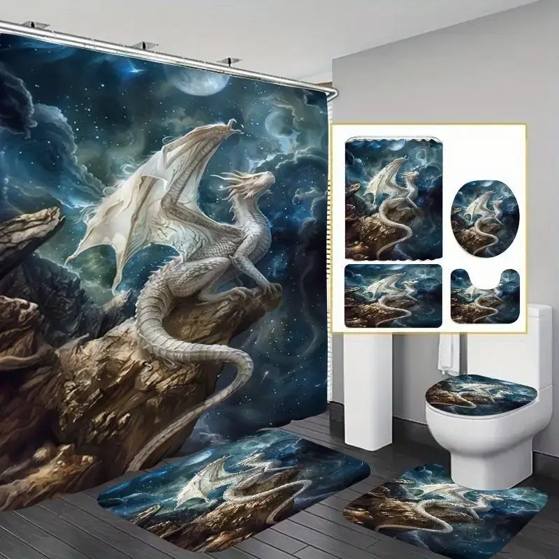 Dragon Pattern Bathroom Decorations, 4 Countsset Including Shower Curtain & Toilet Lid Cover & Rectangular Mat & U-shaped Mat, Bathroom Accessories