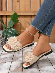 Women's Fluffy Pom Pom Square Toe Slide Sandals, Open Toe Flat Slippers with Frilly Flower Decor, Casual Summer Shoes for Beach, Vacation, Daily Wear