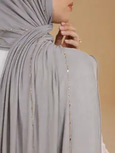 Women's Plain Jersey Soft Headscarf, Turban Hijab, Rhinestone Decor, Arabic Style Casual Long Scarf, Conservative Modesty Solid Color, Daily Use