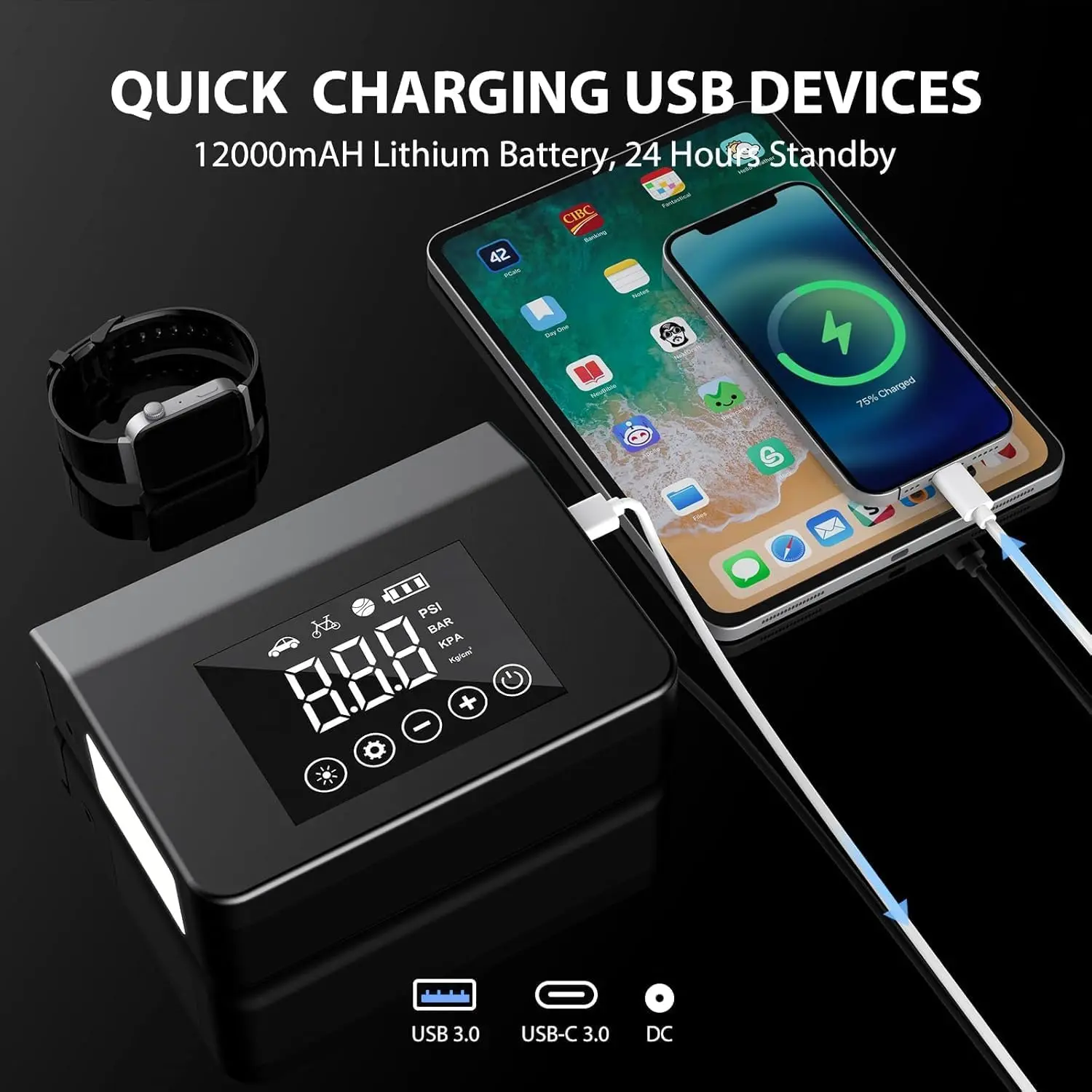 12V 4000A Current Car Battery Jump Starter - 15000mAh Portable Power Bank Portable Unit with 150PSI Air Compressor (All Gas/8.0L), LED Light, Type-C Quick Charge, Emergency Start for L8 Model, Automotive Escape Tool & Car Interior Accessory, Compact