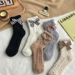 Melloweee Women's Plush Socks with Plaid Bow, Soft Fluffy Material, Assorted Colors, Great for Children's Day and New Year, Cute and Practical, Great for Teenagers