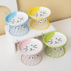 Cute Cat Pattern Pet Feeding Bowl with Stand, 1 Count Ceramic Pet Feeding Bowl, Pet Feeding Supplies for Dog & Cat, Dog & Cat Accessories