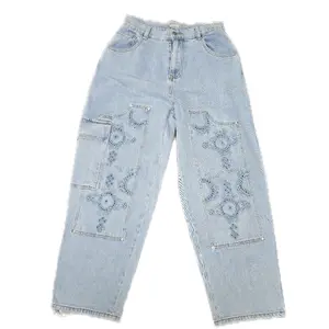 Vintage Denim Jeans with Embroidered Pockets and Distressed Details for Women