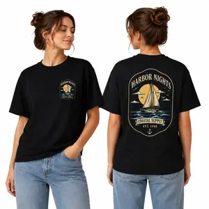 Men’s & Women’s Nautical Graphic Tee – “Harbor Nights Coastal Supply” Sailboat Print on Black Cotton T-Shirt, Front Chest & Full Back Design, Casual Oversized Fit, Coastal/Maritime Style