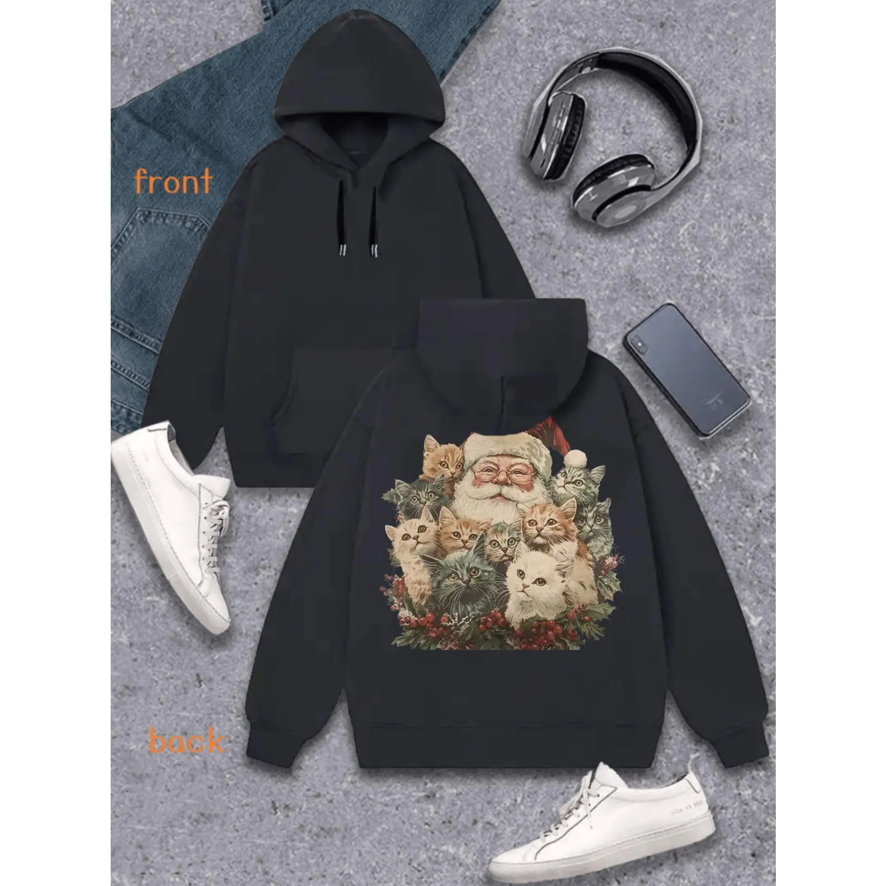 Hoodies Y2k - Christmas Themed Print - Drawstring Hood Design, Retro Street Style, Comfortable Baggy Sweats - Cheap Clothes - Men's Christmas Celebration Holiday Gift