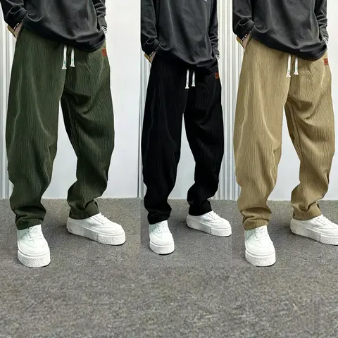 Men's 3-Pair Minimalist Solid Knitting Corduroy Pants Set - Autumn, 100% Polyester, Lightweight, Loose Straight-Leg, Adjustable Drawstring Khaki Long Pants