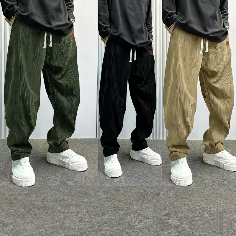 Men's 3-Pair Minimalist Solid Knitting Corduroy Pants Set - Autumn, 100% Polyester, Lightweight, Loose Straight-Leg, Adjustable Drawstring Khaki Long Pants