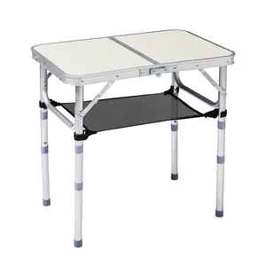 2Ft Outdoor Folding Camping Table 24 Inch Portable Aluminum with 3 Heights 15.7 Inch Wide Compact Design 50KG Capacity White Pebble Finish Mesh Storage Net Carry Handle
