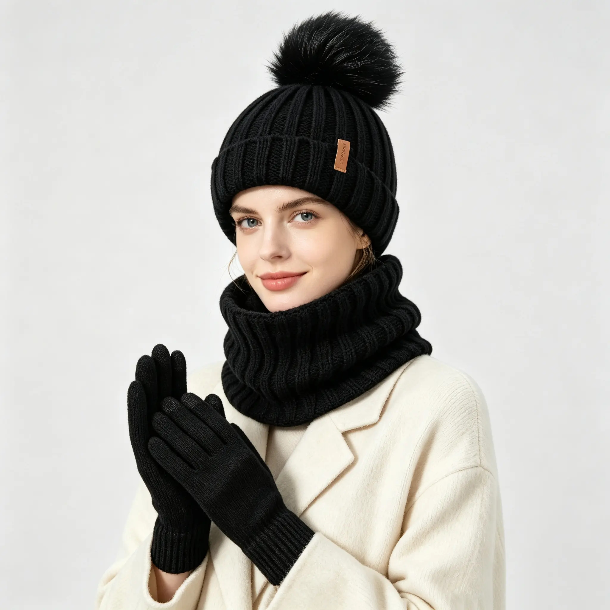 Women Winter Knitted 3 Pieces Set, Pom Pom Beanie Hat, Neck Warmer Gaiter Touch Screen Gloves, Fleece Lined Warm Winter Accessories for Ski Daily Outdoor, Suitable for Men