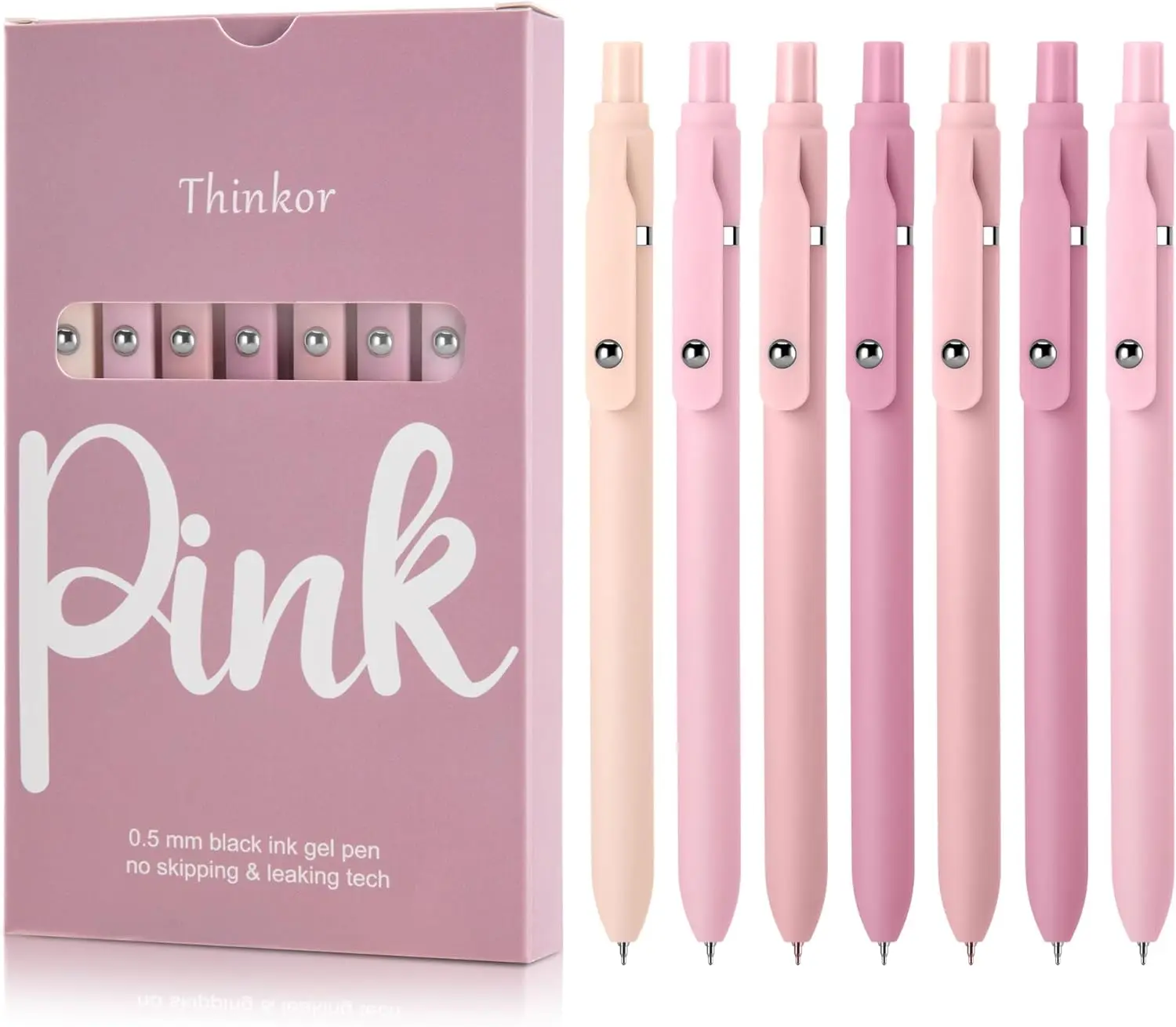 Gel Pens Black Ink, 7 Pcs 0.5Mm Quick Dry Fine Point Smooth Writing Pens, Cute Office School Supplies Gifts for Women Student (7 Pcs Pink - Black Ink) thinkor
