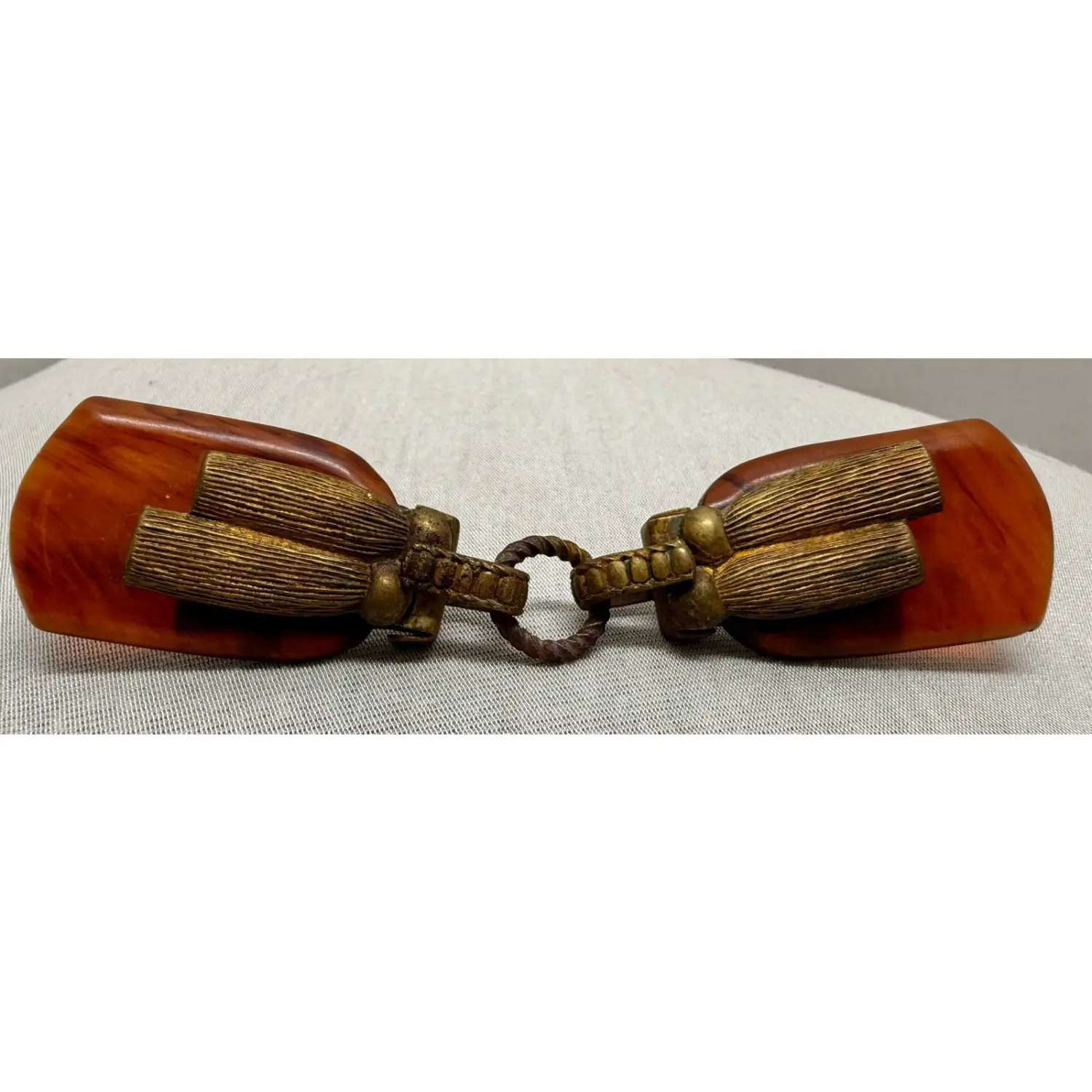 Art Deco Cape Clip, Antique Victorian Style Shawl Clasp with Orange Bakelite-Brass Accents, 4.5 in Fashion Jewelry Collectible Metal Statement Piece, Statement Pieces, Collectible Wear, Cape/Shawl Clip, Fashion Jewelry Collectibles