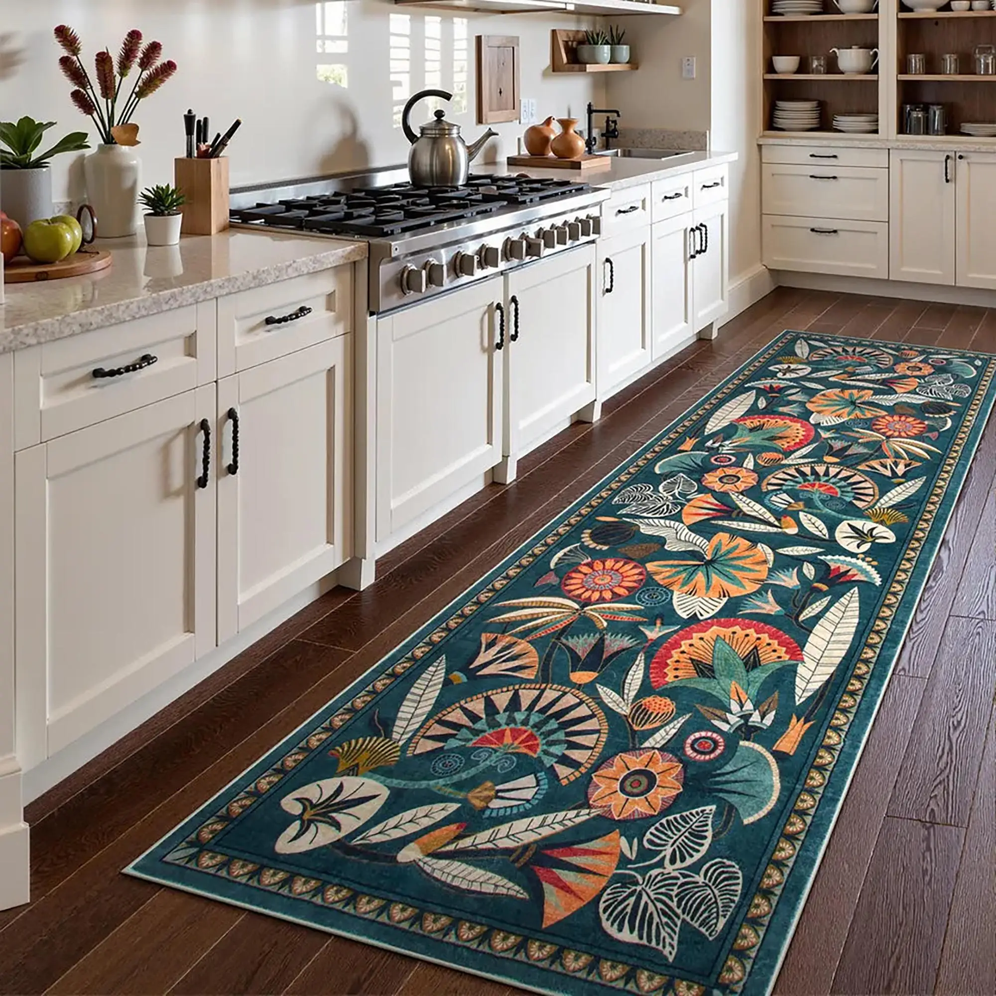 Retro Tropical Floral Print Long Area Rug Carpet, Stylish Luxurious Washable Non-Slip Plush Mat for Home Decor, Ideal for Bedroom Living Room Hallway