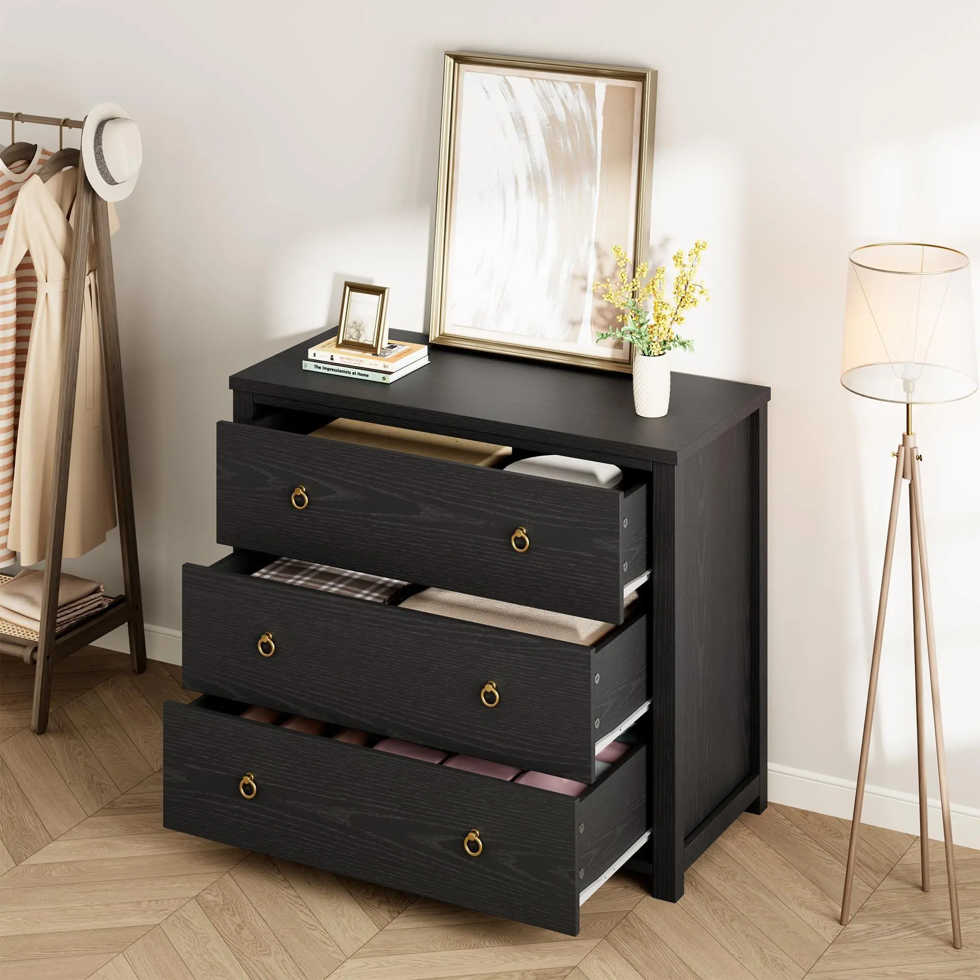 GARVEE Modern Vertical Slim 31.5" Wide 3-Drawer Chest Drawers, 29" Tall Black Storage Cabinet with Round Pulls for Living Room, Hallway