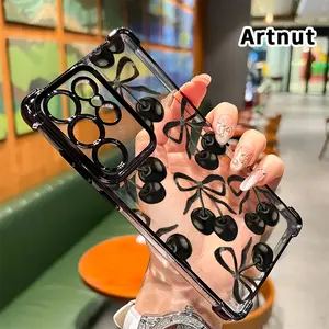 Black Cherry Pattern Phone Case Compatible with Samsung Galaxy S23 Ultra S24 Plus S25 S22+ FE Edge Electroplated Four-Corner Anti-Fall Protection Cellphone Cover