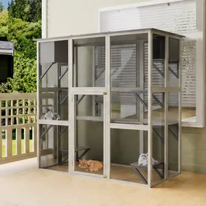 Large Outdoor Catio Cat Enclosure with Weatherproof Asphalt Roof, Gray Wooden Walk-in Cat House with 6 Platforms & 2 Napping Boxes, Solid Wood Cat Cage Kennel Condo Playpen for Patio Backyard, Gray Color Options, Wood Material