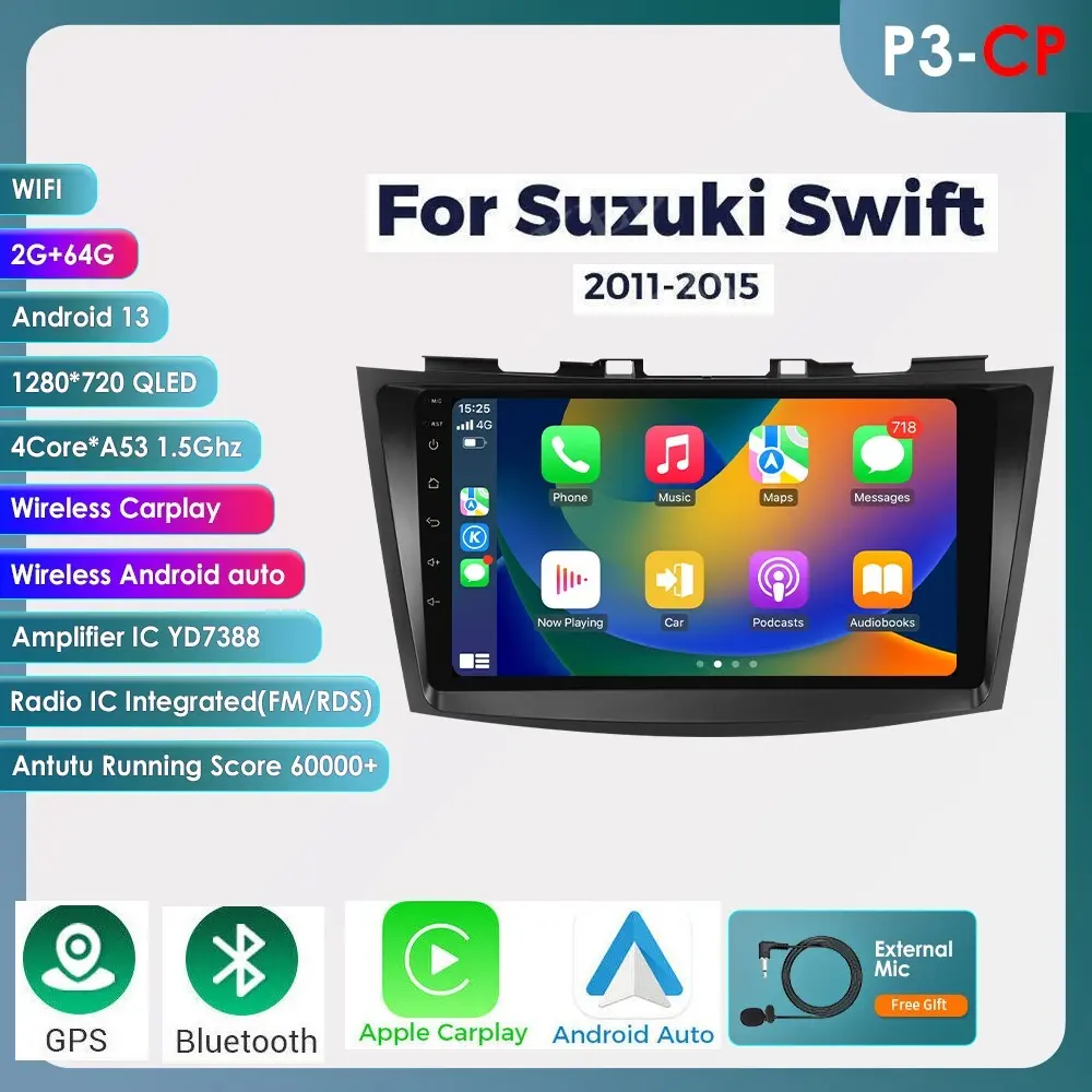 [Hizpo] 9 inch 2Din Android 13 Touch Car Stereo Player for Suzuki Swift 4 (2011-2015) - Allwinner A100 Quad-Core CPU, DDR3 2GB, 64 gb memory, backlit, LED, GPS Navigation, Bluetooth, WIFI, FM/RDS radio ic integrated, Mirror Link, Backup Camera Input