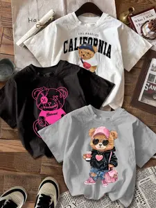 Women's Cartoon Bear Print Round Neck Tee, Fashion Casual Short Sleeve T-Shirt for Daily Holiday Vacation Outdoor Wear, Ladies Clothes for Summer