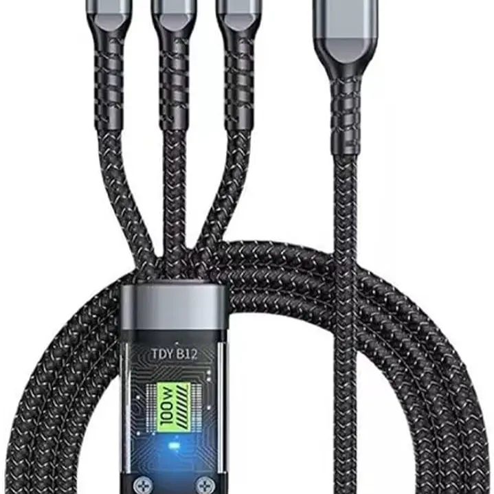 100W Durable 3-in-1 Multi USB Fast Charger Cable, Transparent Nylon Braided Mobile Cable with LED Indicator, Type C/Micro USB Ports for Smartphone, Cellphone, Tablet & Electronic Devices (Reliable Connection)