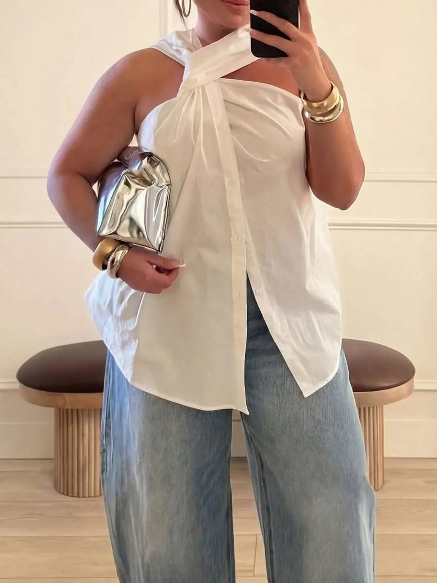 Women's Asymmetrical Twist Neck Halter Sleeveless Top White Summer