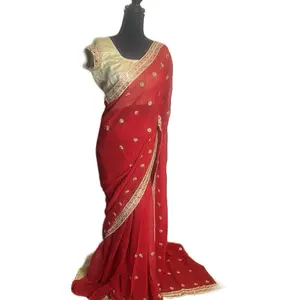 Womenswear Elegant Chilli Red Georgette Saree with Mirror Pearl Border, Comfortable and Stylish Design - Maxi Dress