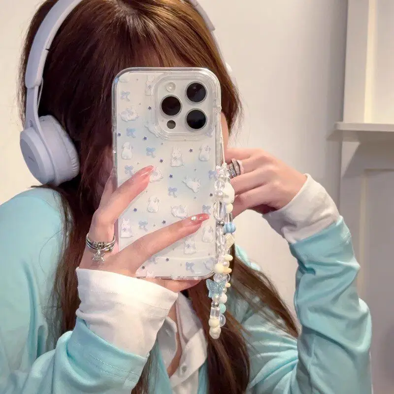 Suitable for Apple series protective phone cases Cover Casing | Blunt light blue full screen bunny | Butterfly chain | Best friend gift | 11 12 13 14 15 16 17 Pro Max