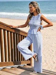 Spicy Coquette, Vintage French Blue & White Striped Smocked Peplum Tank Top & Wide Leg, High Waist Pants Two-Piece Set Womenswear