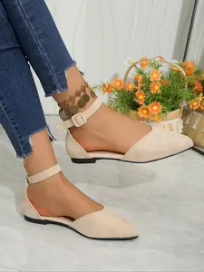 Women's Pointed-Toe Suede Flats, Ankle Strap Buckle Side-Cutout Ballerina Shoes, Versatile Footwear for Work, Parties and Daily Wear
