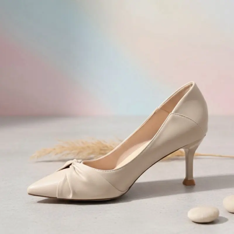 Elegant Pointed-Toe Stiletto Pumps with Pleated Knot Detail Cream Beige High-Quality Soft Leather Comfortable Heels