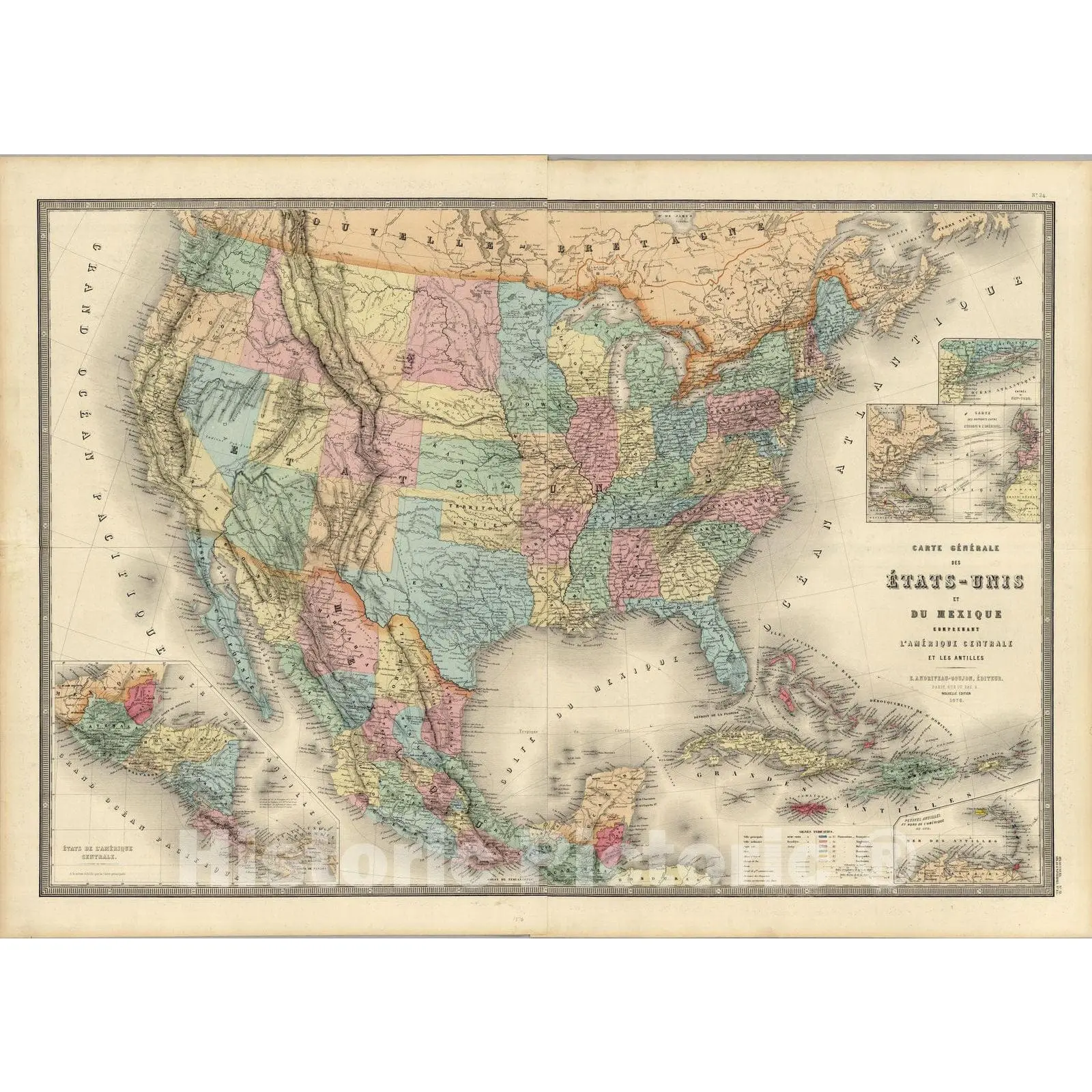 United States, Mexico, Central America & Caribbean Boundary Map, 1876 - Historical Print