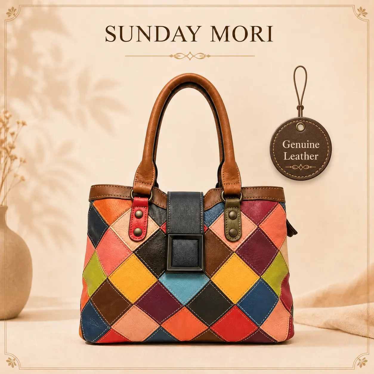 SUNDAY MORI Genuine Leather Patchwork Tote Bag, Colorful Top Handle Shoulder Bag, Fits 11-Inch iPad