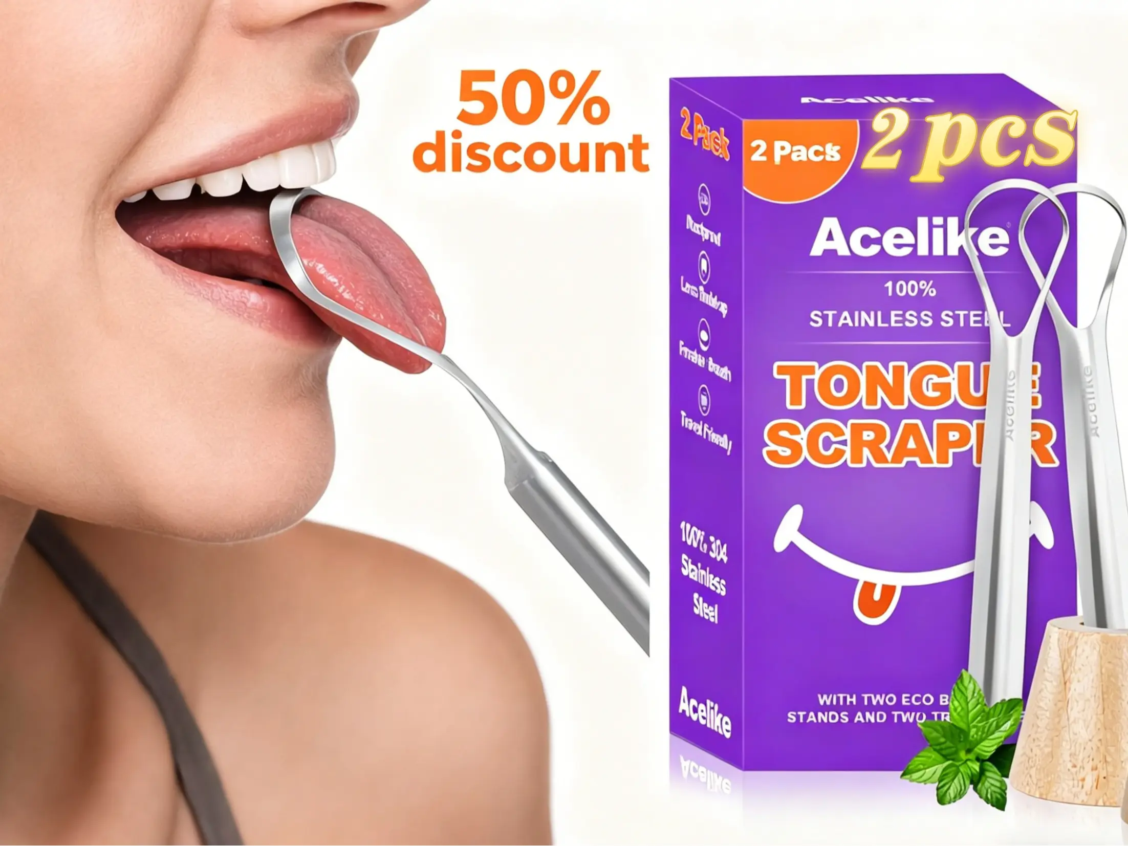 Acelike 2-Pack Medical Grade Stainless Steel Tongue Scraper with