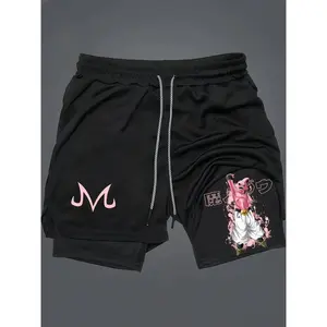 DRAGON BALL Print 2 in 1 Drawstring Waist Shorts,Quick Dry Swim Trunk,Majin Buu Loose Casual Pocket Track Shorts for Summer,Workout Clothes,Activewear,Casual Athletic Sport Short, Streetwear Sports Shorts