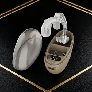 Chargeable hearing amplifier with comfortable earplugs, portable design, li-polymer -ABS material, sound amplifier for ears, travel audio accessories, sleek amplifier design, durable audio equipment.