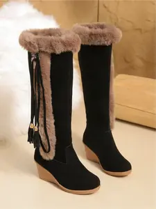 Women's autumn and winter fashion boots, wedge heel, thick sole, high platform, rabbit fur tassel decoration, outdoor women's boots, light and comfortable, soft sole, non-slip and wear-resistant fashion boots, Knee boots