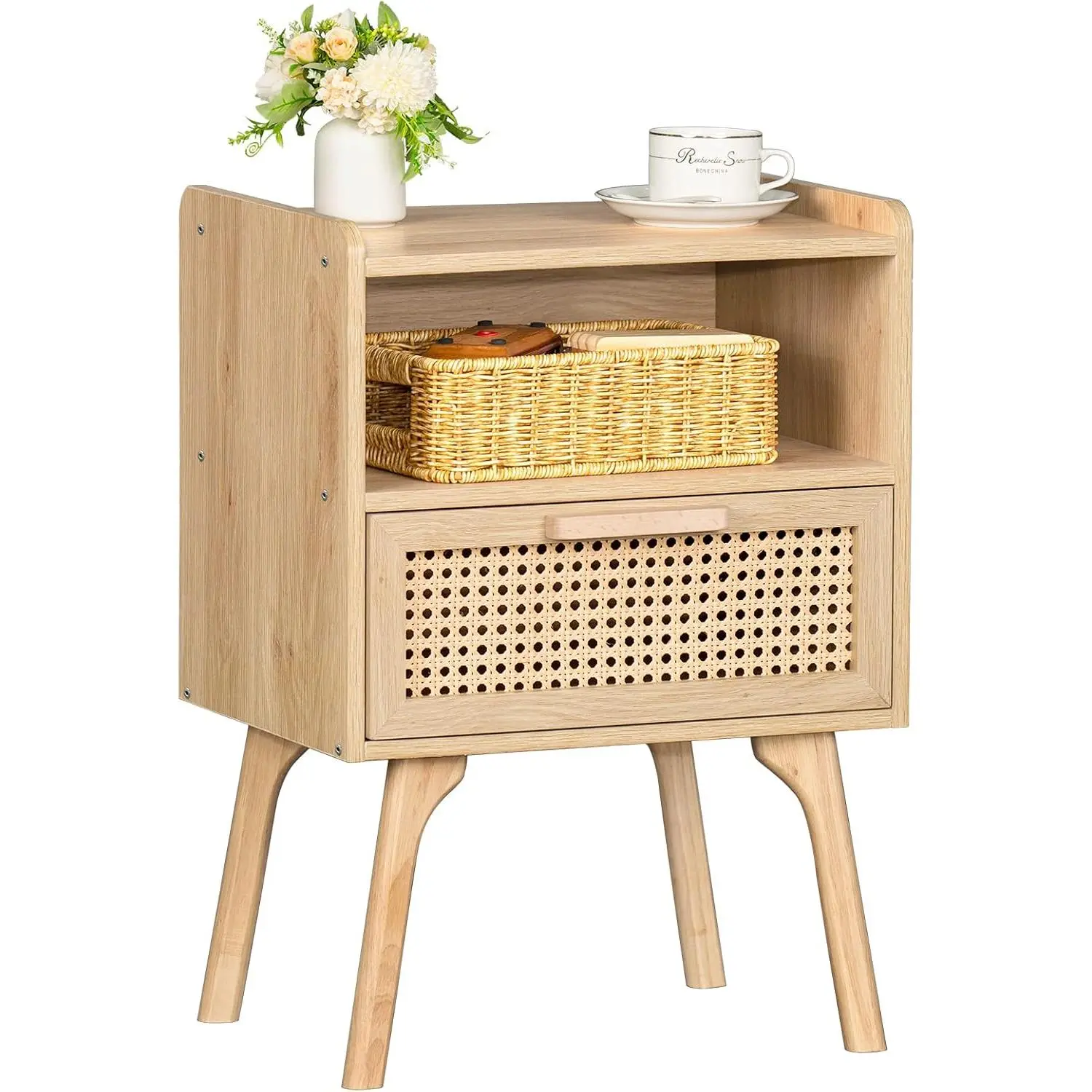 Rattan Nightstand, Boho Side Table with Drawer Open Shelf, Cane Accent Bedside End Table with Solid   for Bedroom, Dorm and Small Spaces ()