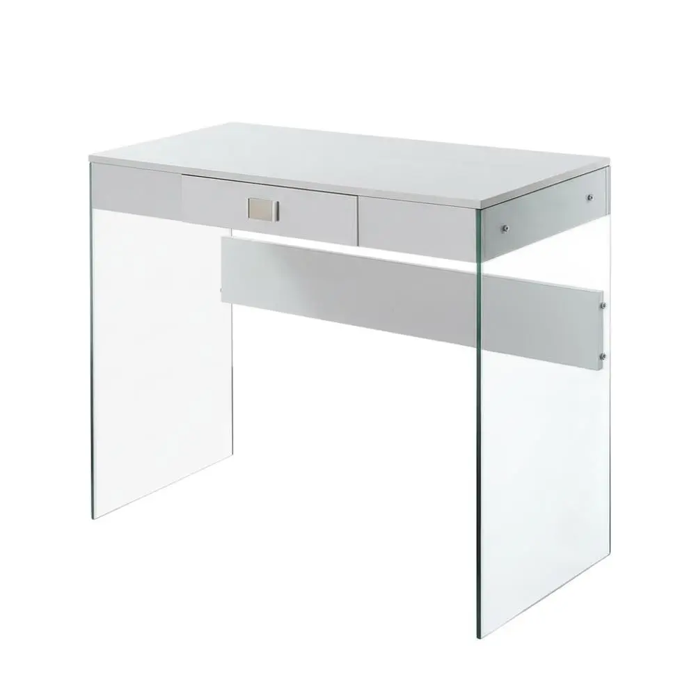 White Tempered Glass-Top Office Desk, Modern Contemporary Style, 36" Deep, Single Drawer Commercial Furniture