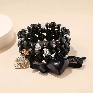 Boho Layered Heart Bow Bracelet Set| Rose Beaded Stretch Arm Candy with Tree of Life Charms for Bracelets| Coquette Aesthetic Y2K Jewelry Gift for Women Girls