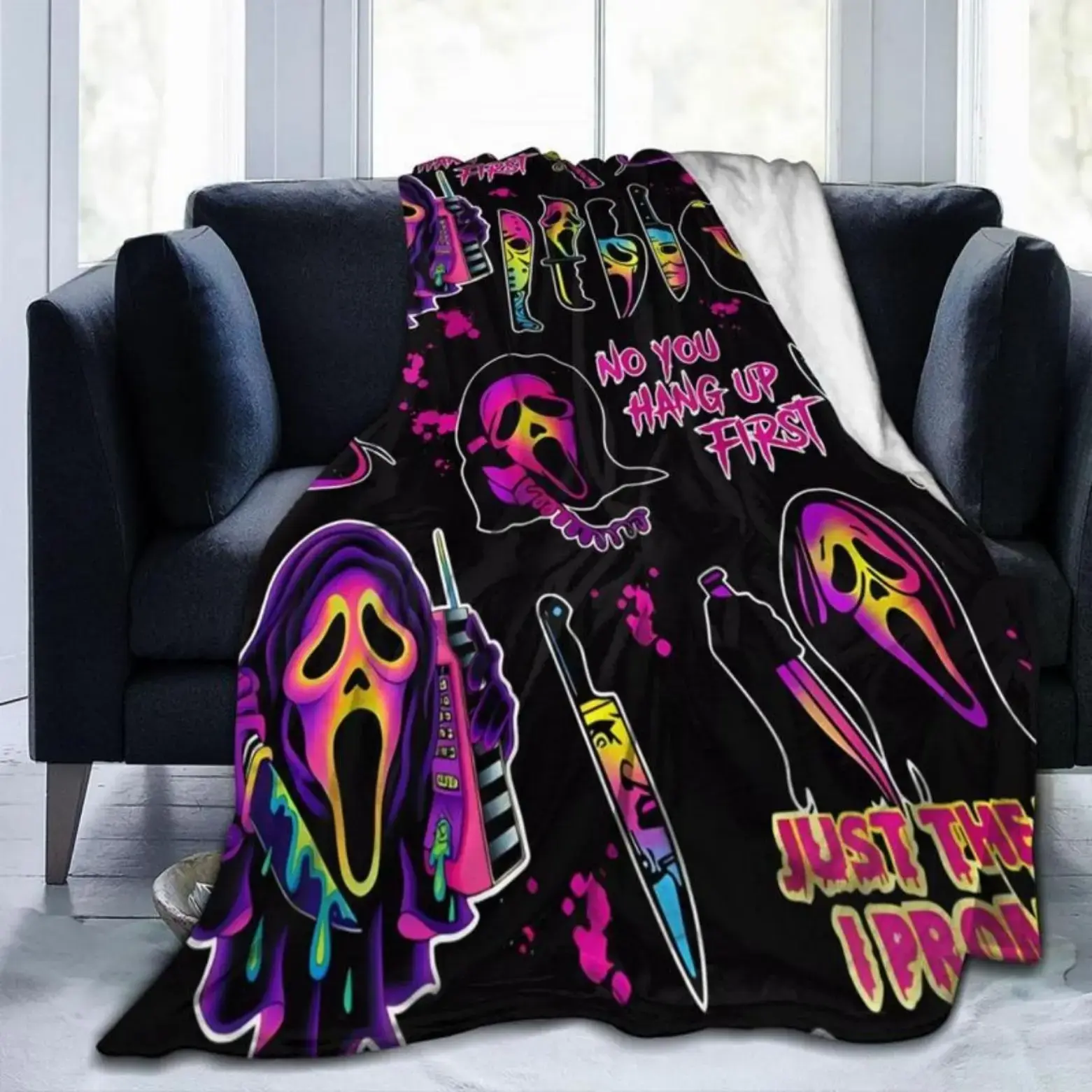 Soft Funny Throw Blanket Ghostface Blanket No You Hang Up Character Gift Spooky Season Horror Print Flannel Fleece Blanket Lightweight Warm Cozy Plush Throw Blanket for Couch Bed Sofa Bedroom Movie Nights