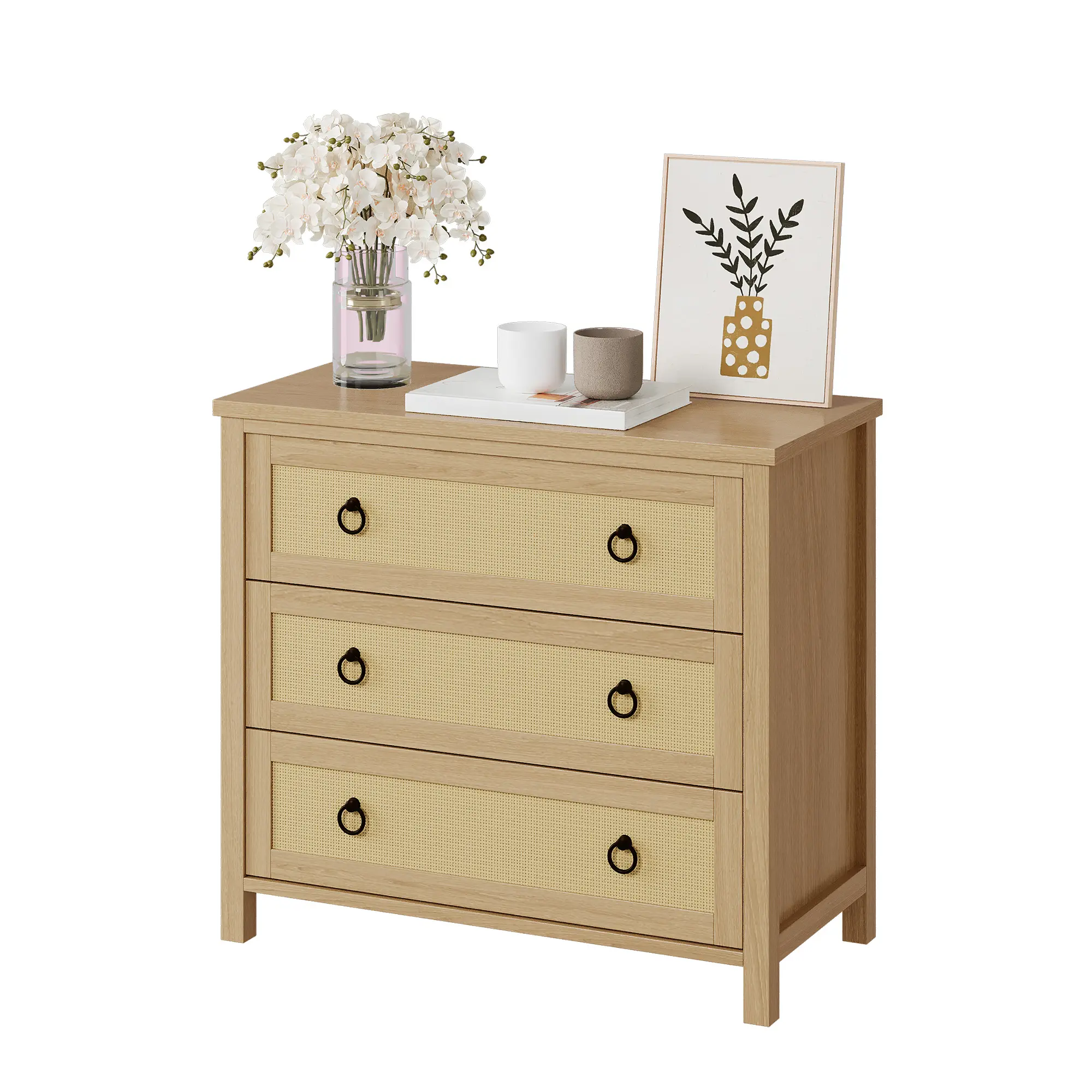 Boho Rattan Dresser 4 Drawer Wooden Storage Cabinet Natural Finish Tall Chest for Bedroom Nursery Living Room