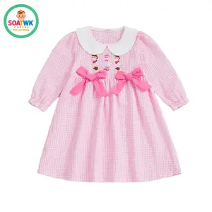 Toddler Girl Gingham Dress Western Goose Embroidered Doll Collar Long Sleeve A-line Dress with Bow Cute Fall Clothes