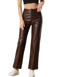INSPIRE CHIC Faux Leather Pants High Waist Straight Leg PU Trousers Punk Y2K Brown